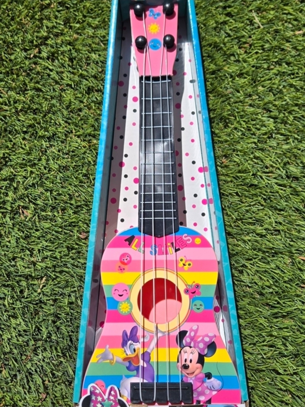 Disney Pink Striped Minnie & Daisy Kids Ukelele with Rainbow Accents NEW